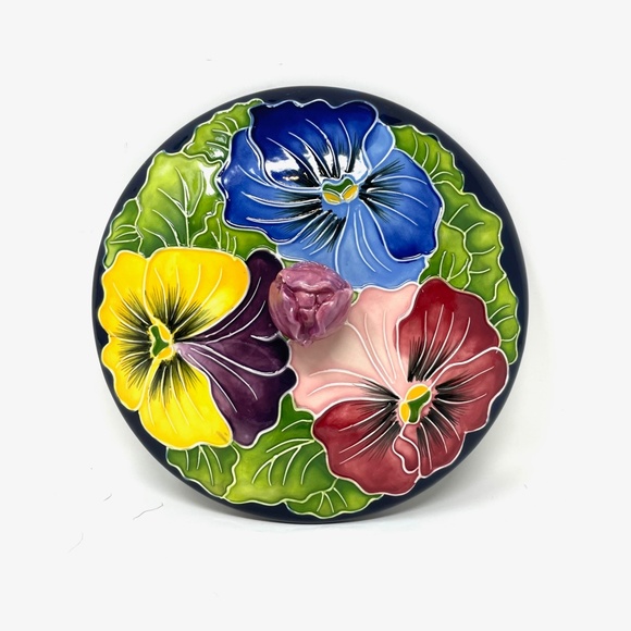 J McCall Footed Trinket Dish Icing on the Cake Embossed Pansies Blue Sky 2004 - Picture 7 of 10